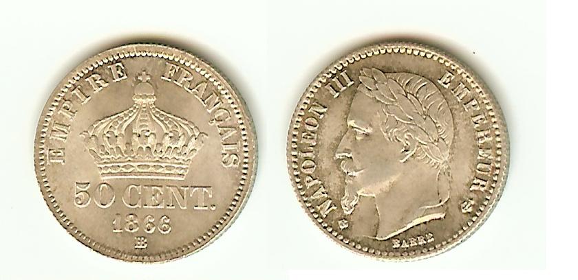 50 Centimes Napoléon III 1866BB Strasbourg AU+/Unc